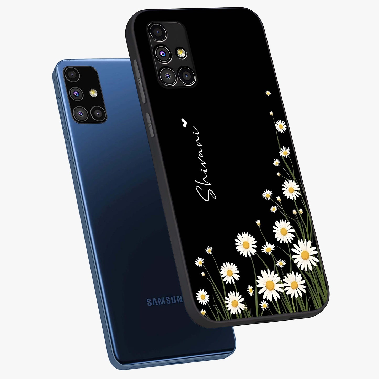 Daisy Cascade Custom Name Glass Case displayed in angled mockup highlighting delicate daisy artwork with custom name feature.