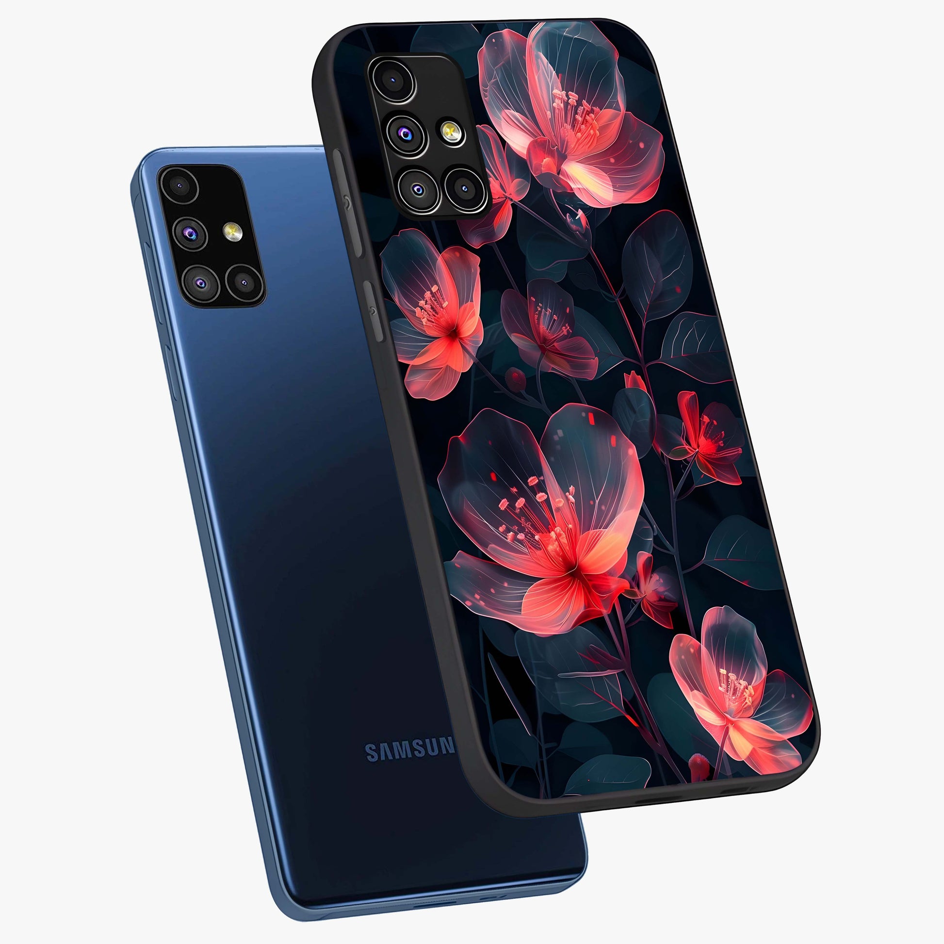 Dark Shade of Flower Glass Case displayed in angled mockup highlighting moody floral illustration with aesthetic dark tones.