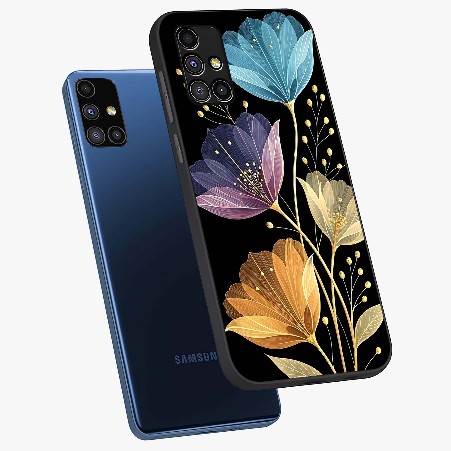 Delicate Multicolor Flowers Glass Case displayed in angled mockup highlighting colorful flower pattern with soft aesthetic style.