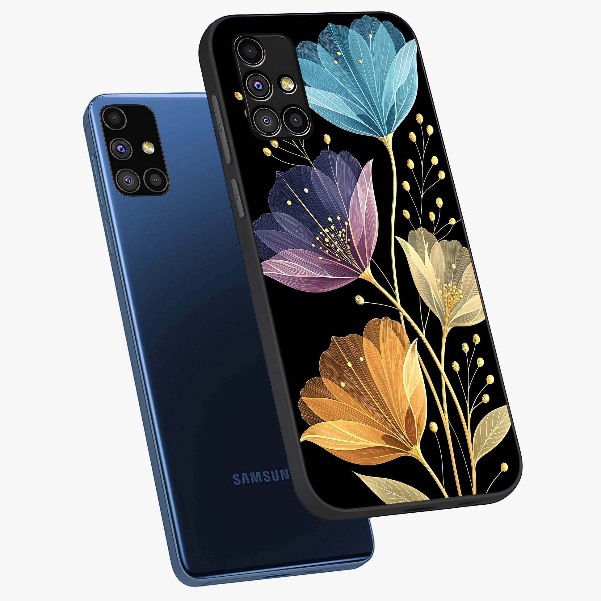 Delicate Multicolor Flowers Glass Case displayed in angled mockup highlighting colorful flower pattern with soft aesthetic style.