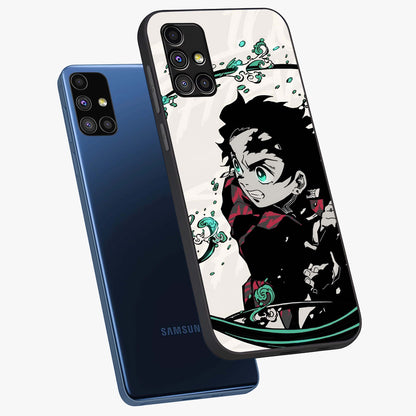 Demon Slayer Glass Case displayed in angled mockup highlighting dramatic anime character design with action aesthetic.