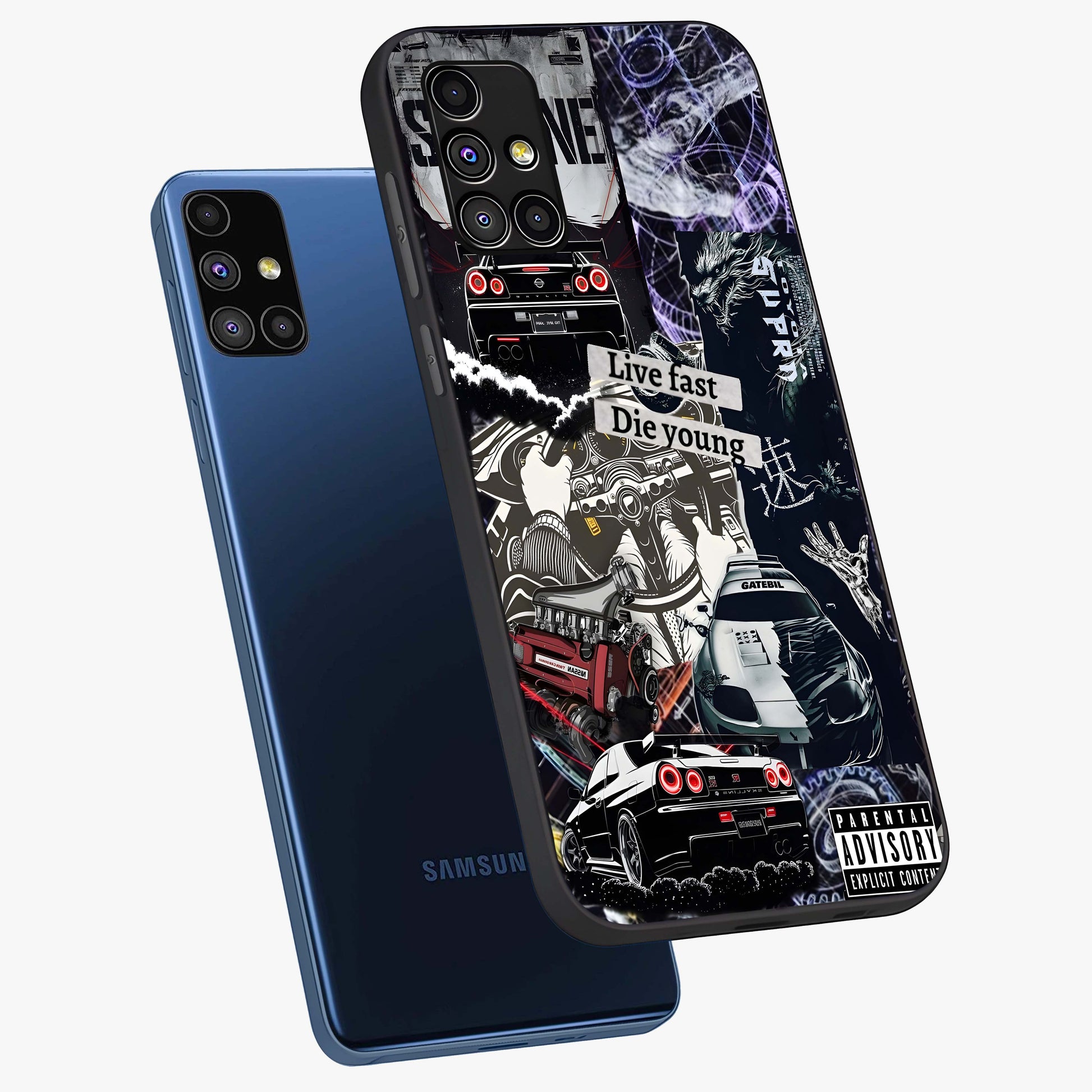 Die Young Glass Case displayed in angled mockup highlighting expressive graphic artwork with edgy aesthetic style.