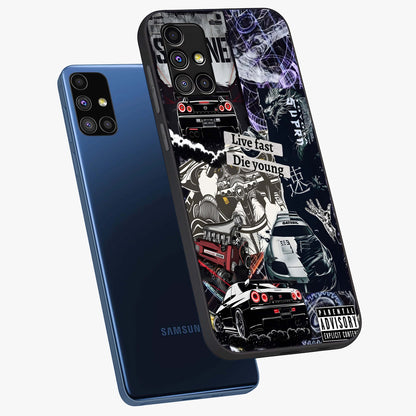 Die Young Glass Case displayed in angled mockup highlighting expressive graphic artwork with edgy aesthetic style.