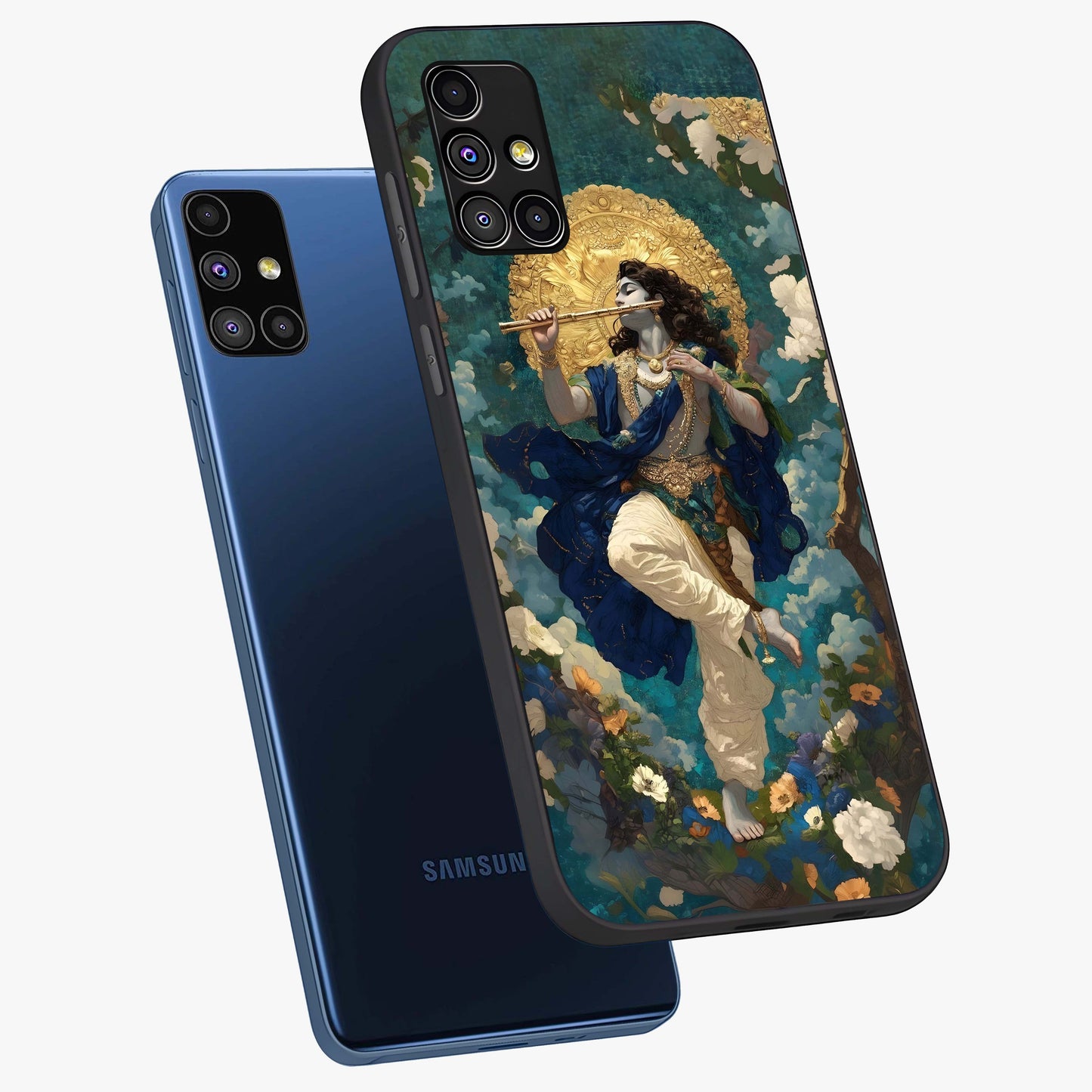 Divine Krishna Art Glass Case displayed in angled mockup highlighting spiritual Krishna illustration with devotional aesthetic.