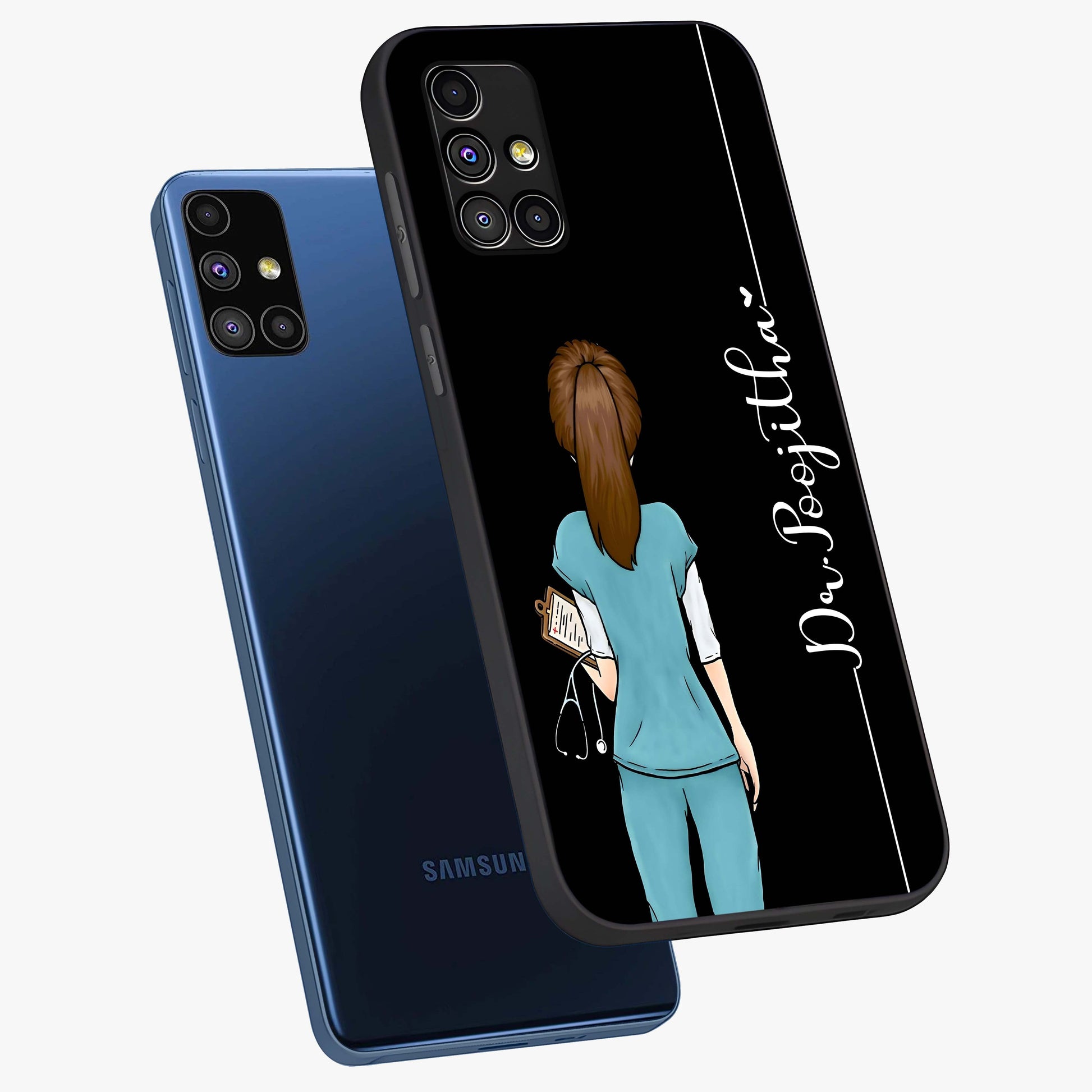 Doctor Pattern Custom Name Glass Case displayed in angled mockup highlighting doctor inspired artwork with custom name feature.