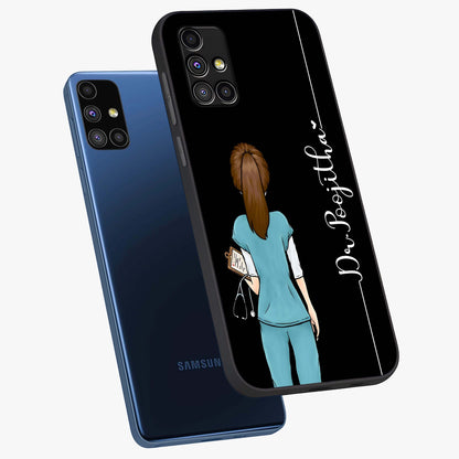 Doctor Pattern Custom Name Glass Case displayed in angled mockup highlighting doctor inspired artwork with custom name feature.