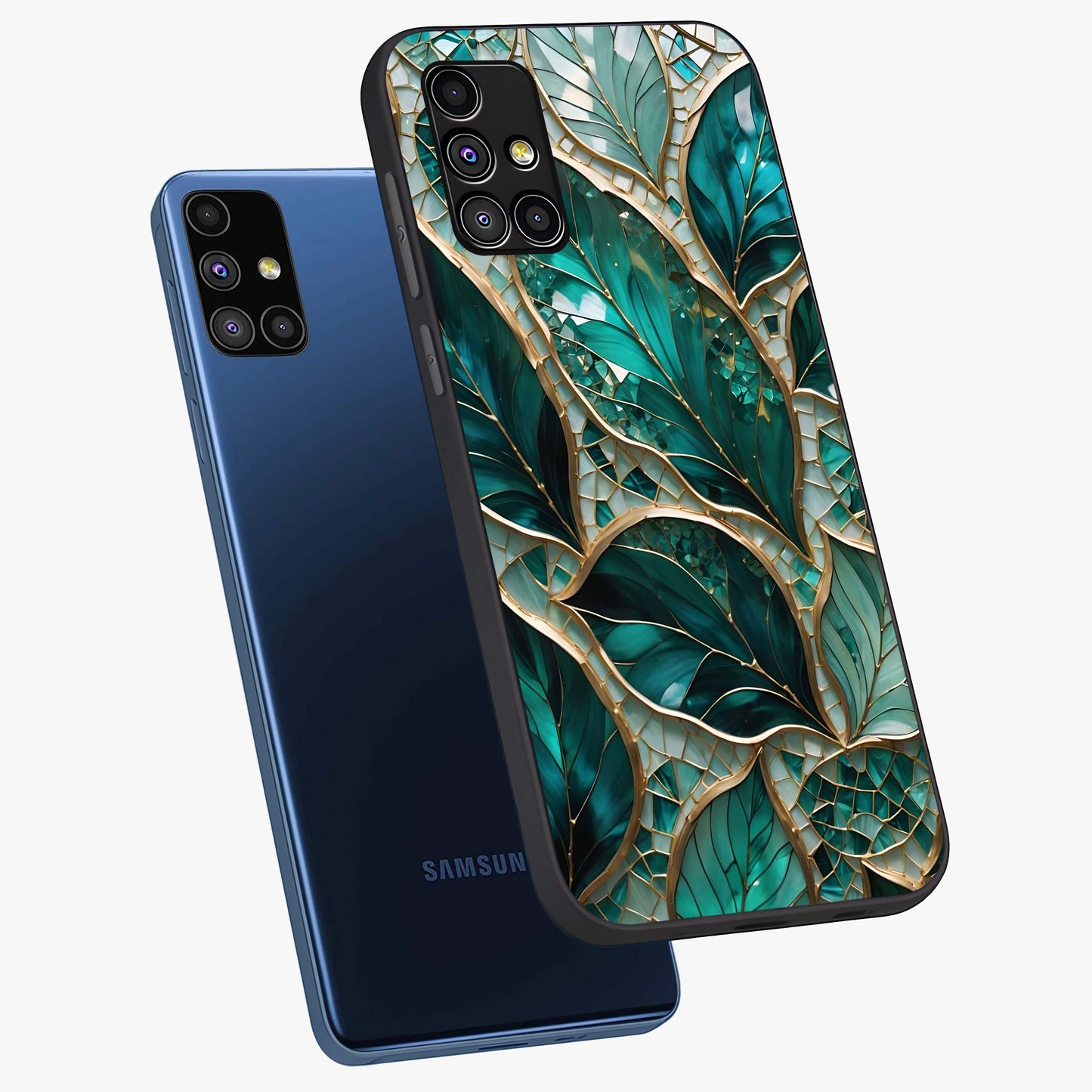 Emerald Leaf Glass Glass Case displayed in angled mockup highlighting botanical leaf illustration with elegant natural aesthetic.