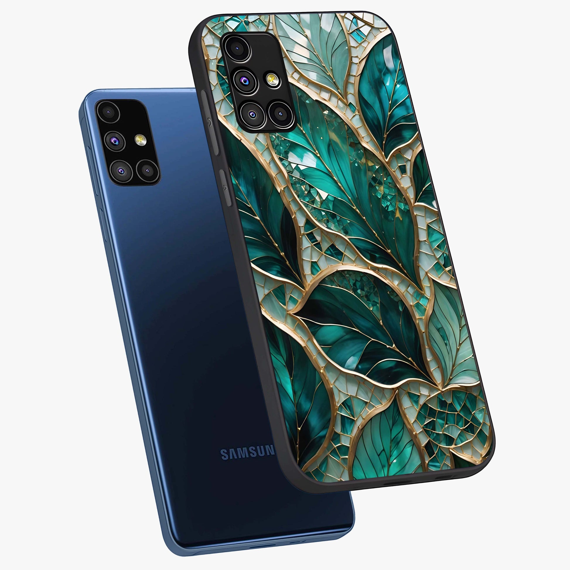 Emerald Leaf Glass Glass Case displayed in angled mockup highlighting botanical leaf illustration with elegant natural aesthetic.