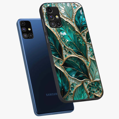 Emerald Leaf Glass Glass Case displayed in angled mockup highlighting botanical leaf illustration with elegant natural aesthetic.