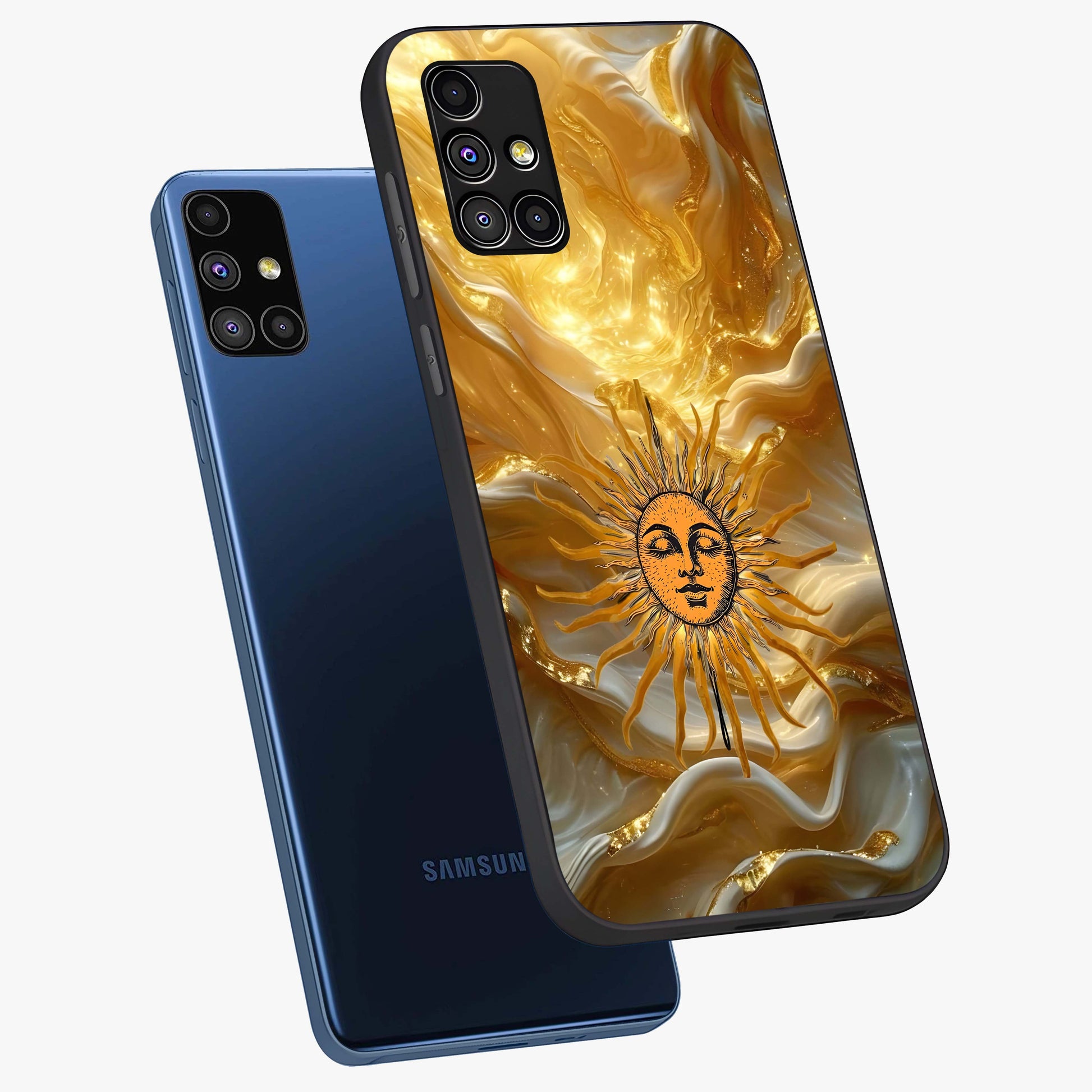 Eternal Golden Glow Glass Case displayed in angled mockup highlighting glowing golden aesthetic design with elegant style.