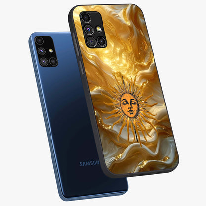 Eternal Golden Glow Glass Case displayed in angled mockup highlighting glowing golden aesthetic design with elegant style.