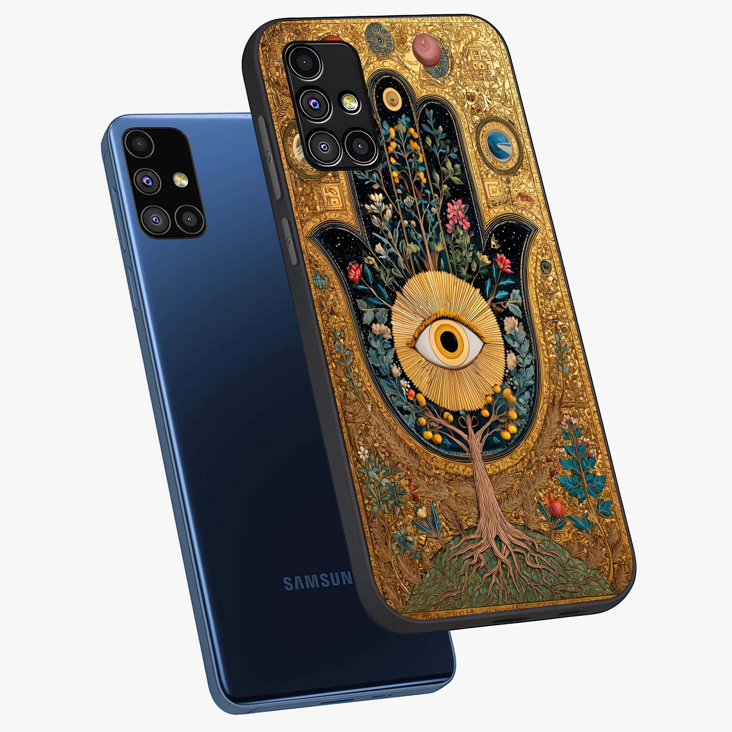 Ethereal Evil Eye Glass Case displayed in angled mockup highlighting protective evil eye symbol with spiritual aesthetic design.