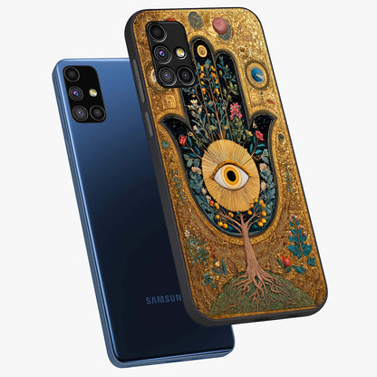 Ethereal Evil Eye Glass Case displayed in angled mockup highlighting protective evil eye symbol with spiritual aesthetic design.
