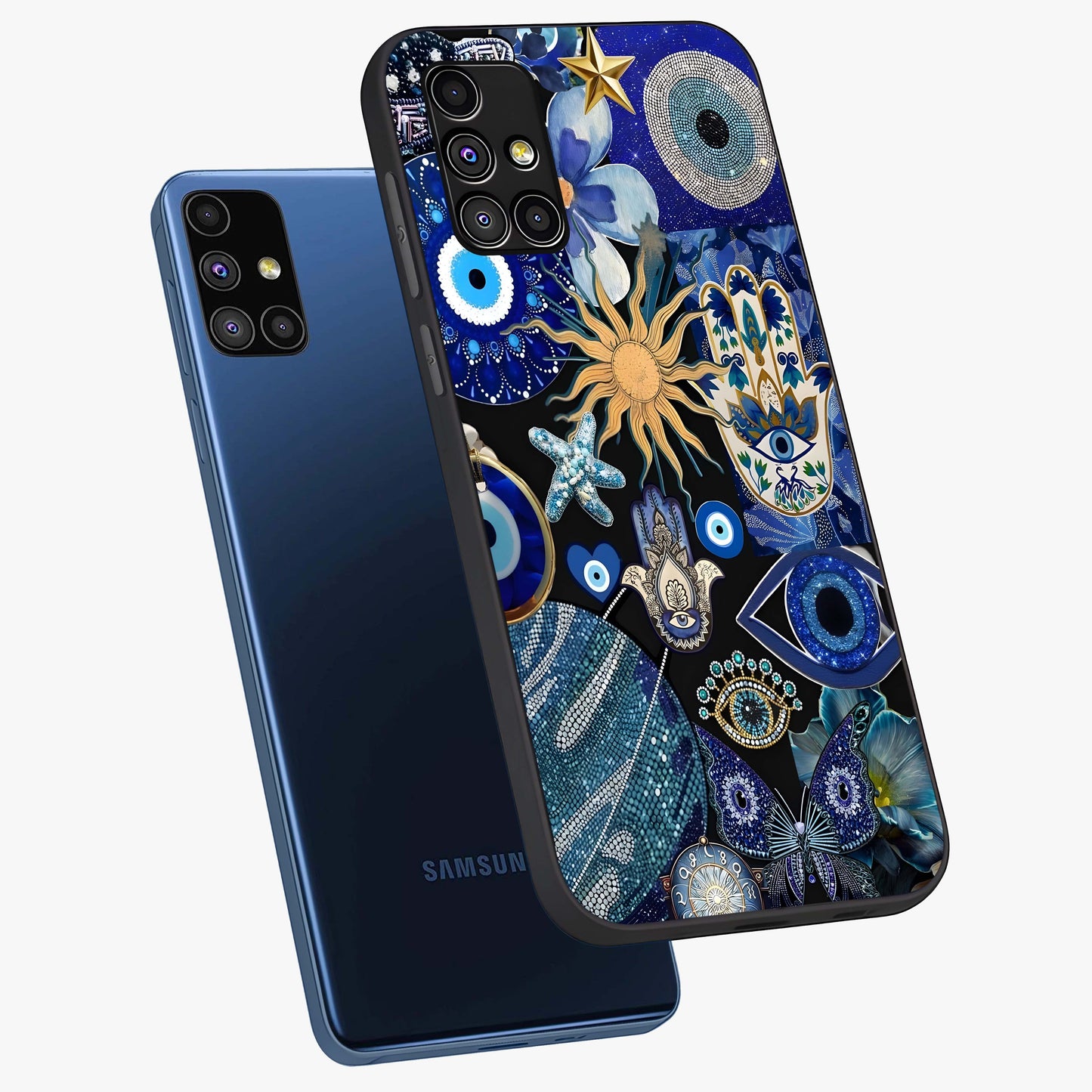 Evil Eye Charm Mix Glass Case displayed in angled mockup highlighting protective evil eye symbols with spiritual aesthetic design.