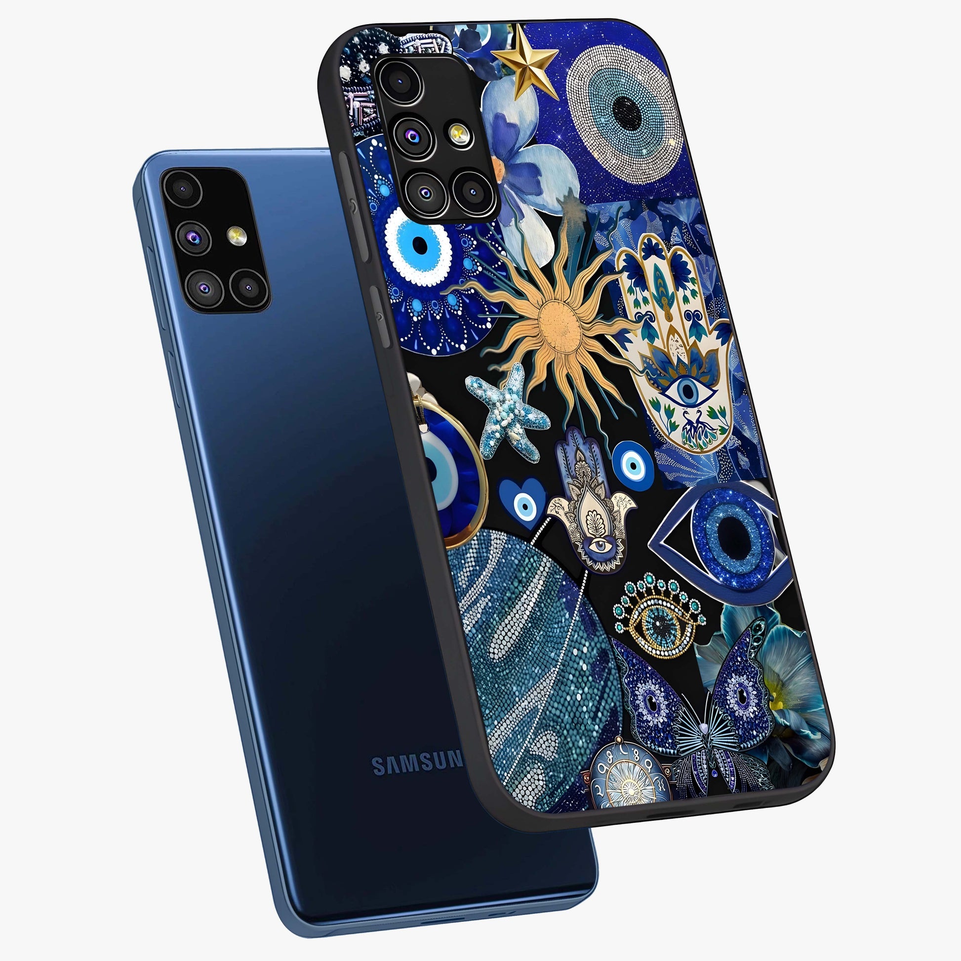 Evil Eye Charm Mix Glass Case displayed in angled mockup highlighting protective evil eye symbols with spiritual aesthetic design.