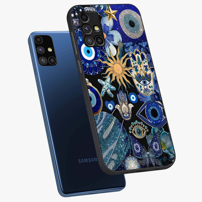 Evil Eye Charm Mix Glass Case displayed in angled mockup highlighting protective evil eye symbols with spiritual aesthetic design.