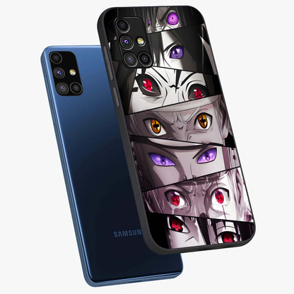 Eyes of Destiny Glass Case displayed in angled mockup highlighting bold eye illustration with mystical aesthetic style.