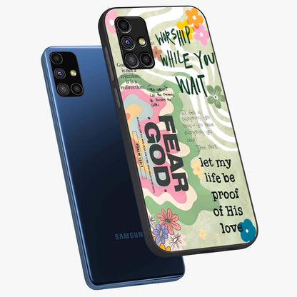 Faith Over Fear Glass Case displayed in angled mockup highlighting inspirational message design with modern aesthetic style.