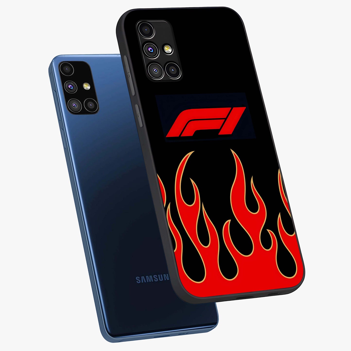Fire F11 Glass Case displayed in angled mockup highlighting bold fire inspired graphic with energetic aesthetic style.