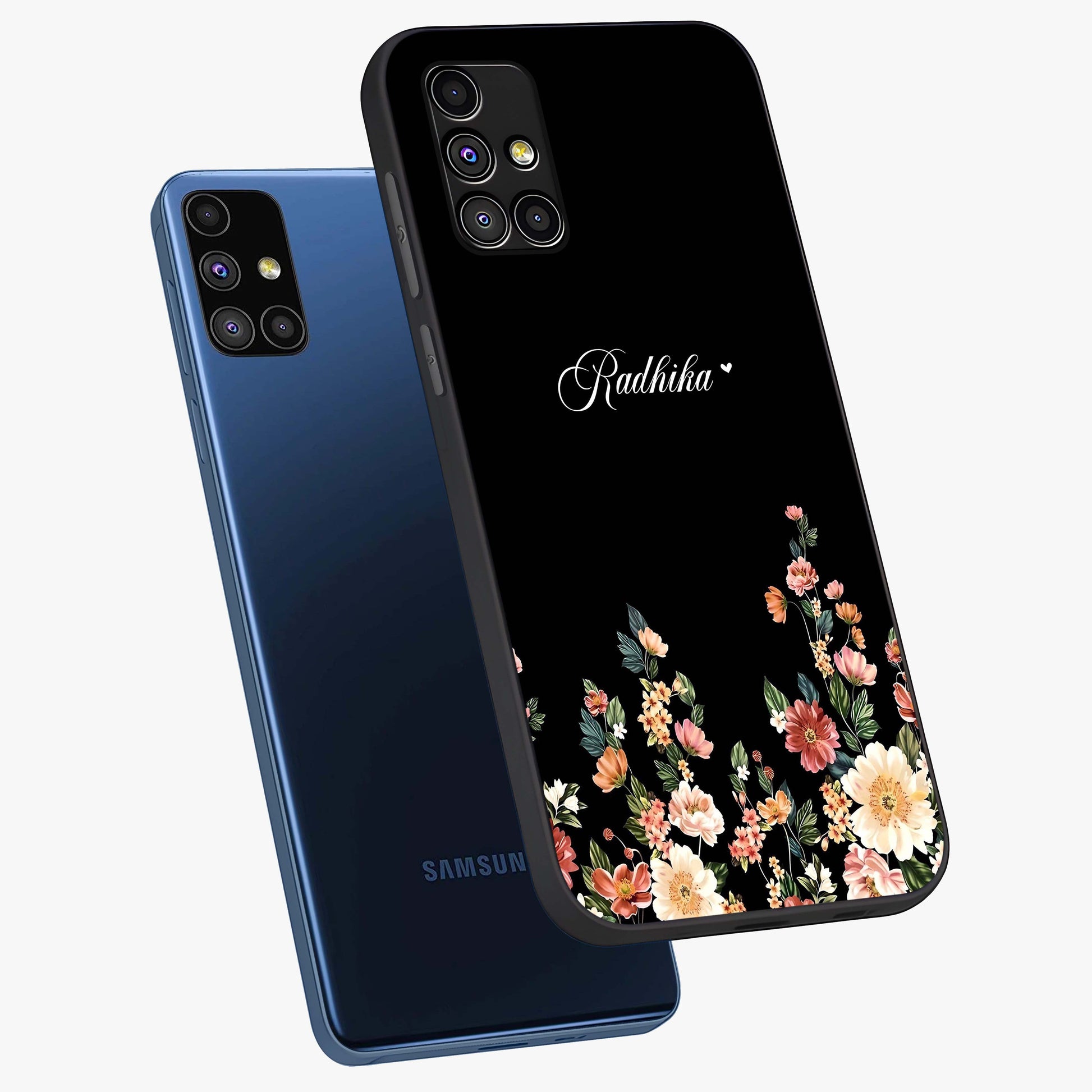 Floral Design With a Custom Personalized Name Glass Case displayed in angled mockup highlighting elegant floral pattern with custom name feature.