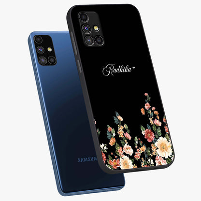 Floral Design With a Custom Personalized Name Glass Case displayed in angled mockup highlighting elegant floral pattern with custom name feature.