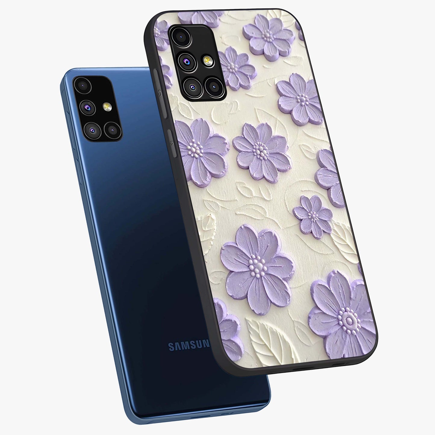 Floral Wall Art With Purple Flowers Glass Case displayed in angled mockup highlighting vibrant purple floral illustration with artistic aesthetic.