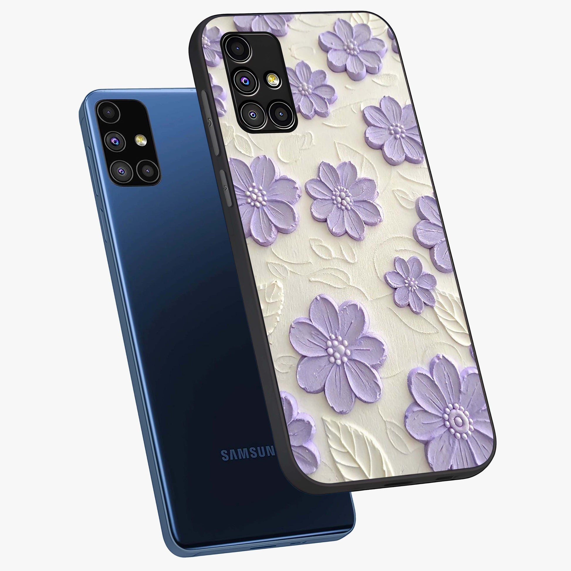 Floral Wall Art With Purple Flowers Glass Case displayed in angled mockup highlighting vibrant purple floral illustration with artistic aesthetic.