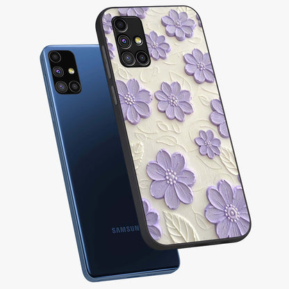Floral Wall Art With Purple Flowers Glass Case displayed in angled mockup highlighting vibrant purple floral illustration with artistic aesthetic.