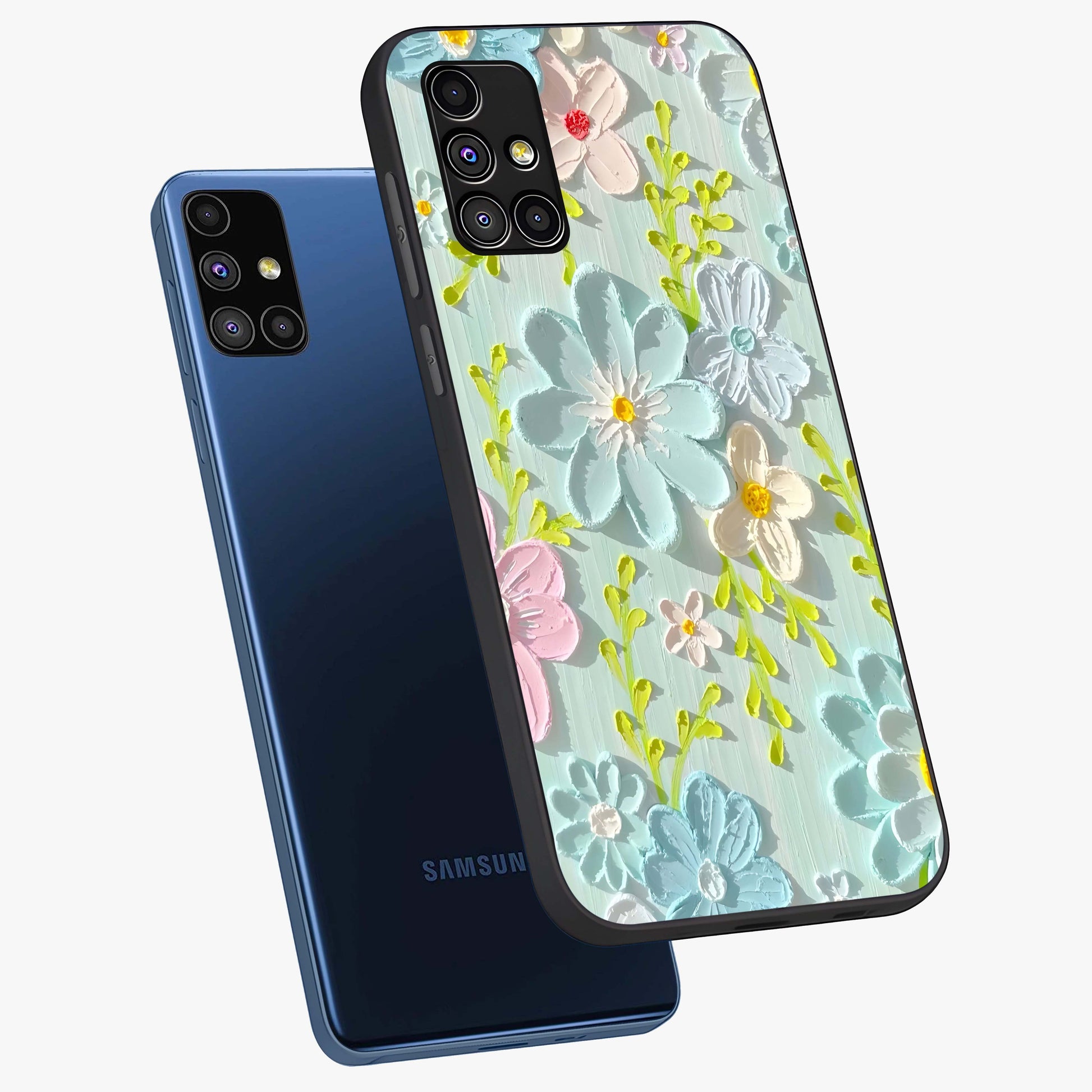 Frosted Petal Garden Glass Case displayed in angled mockup highlighting delicate flower petal design with calm garden aesthetic.