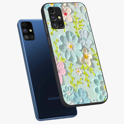 Frosted Petal Garden Glass Case displayed in angled mockup highlighting delicate flower petal design with calm garden aesthetic.