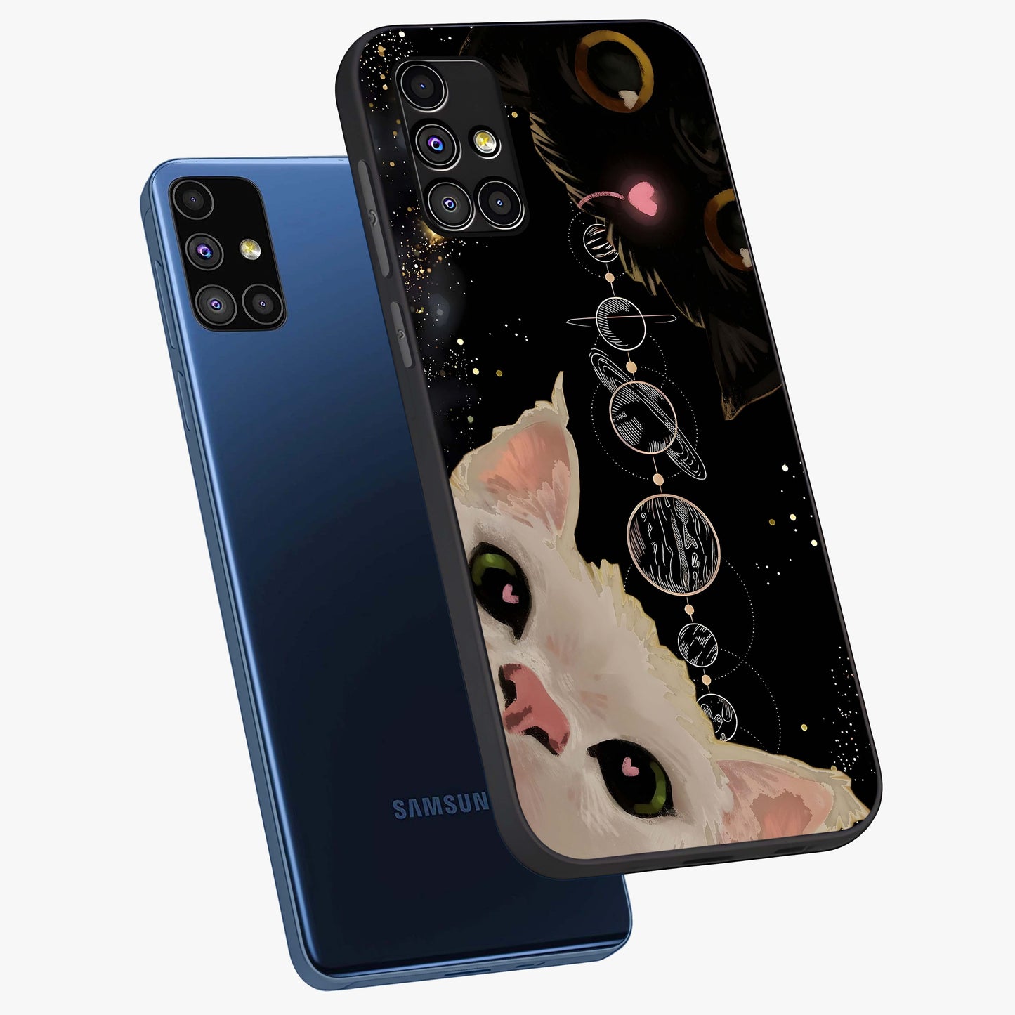 Galactic Cat Glass Case displayed in angled mockup highlighting celestial feline illustration with galaxy aesthetic style.