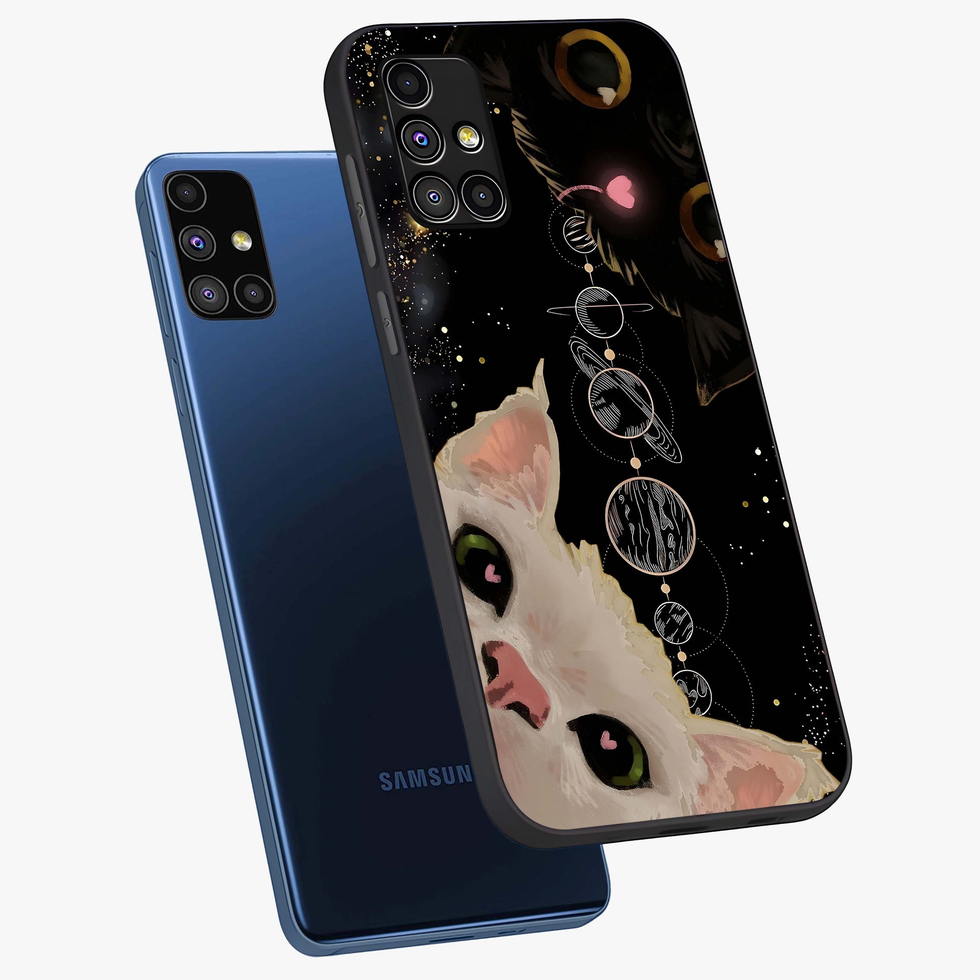 Galactic Cat Glass Case displayed in angled mockup highlighting celestial feline illustration with galaxy aesthetic style.