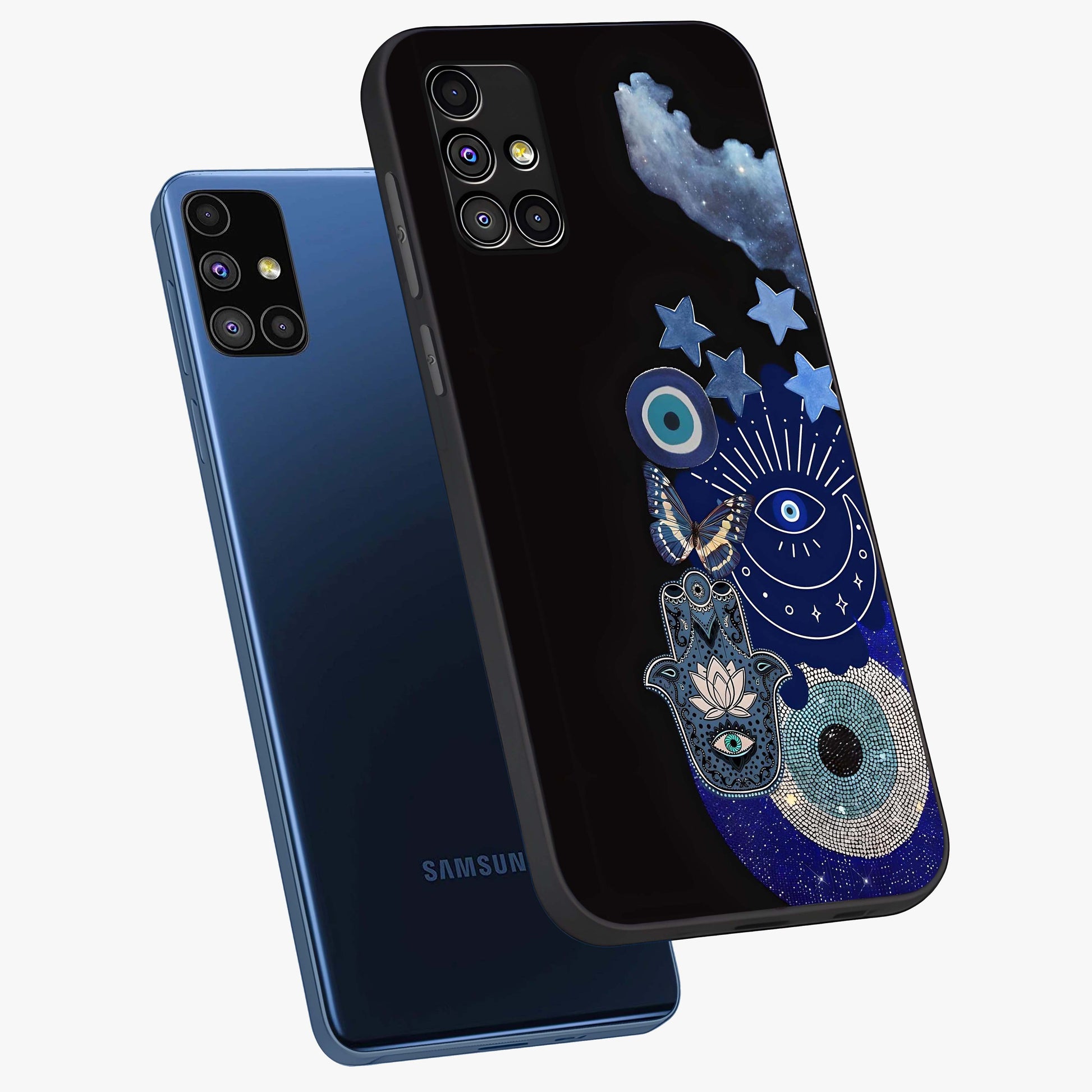 Galactic Charm Cluster Glass Case displayed in angled mockup highlighting luminous galaxy inspired design with dreamy aesthetic.