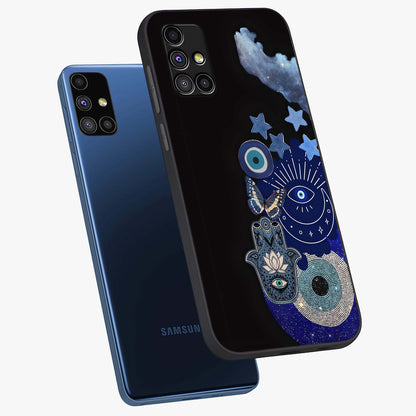 Galactic Charm Cluster Glass Case displayed in angled mockup highlighting luminous galaxy inspired design with dreamy aesthetic.