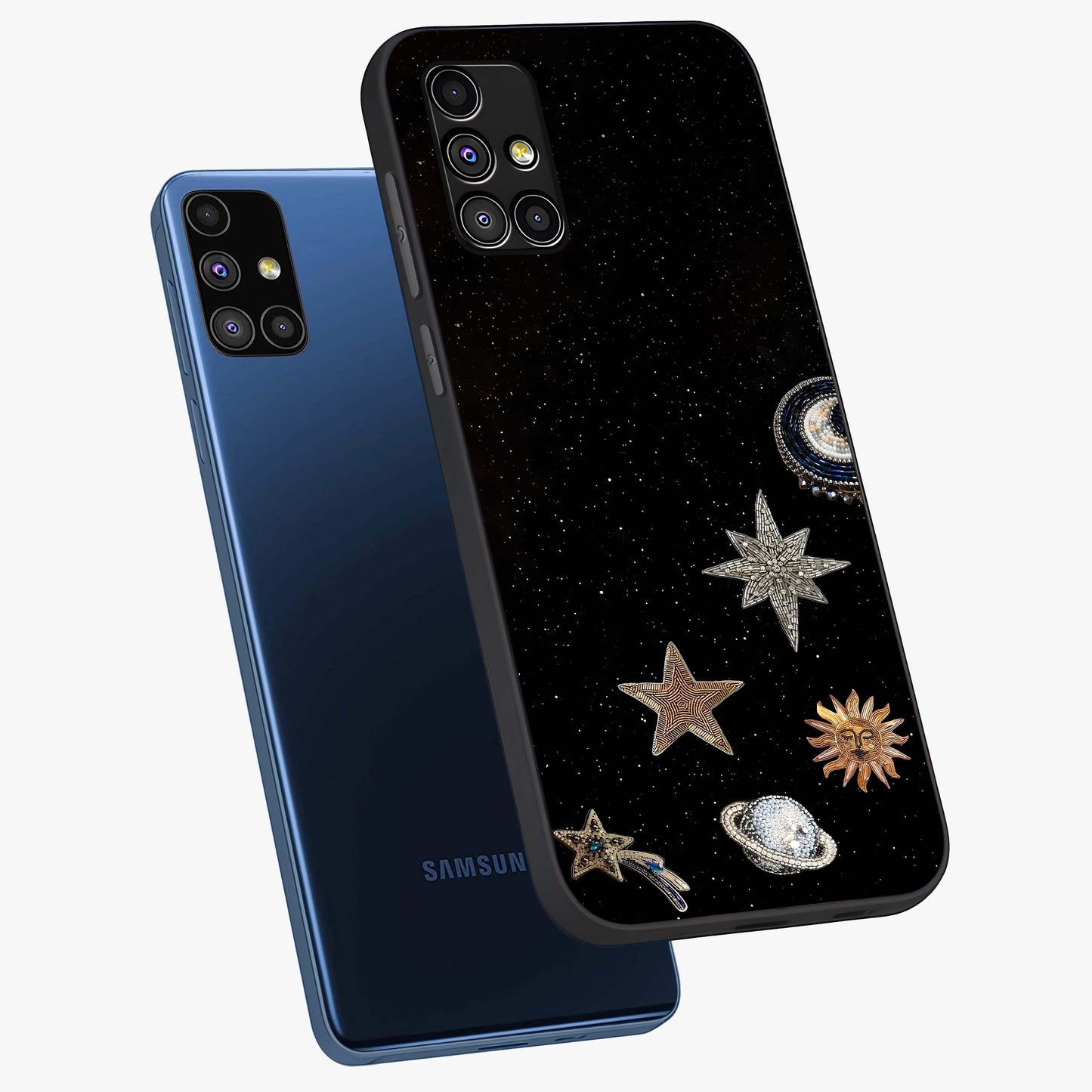 Galactic Charm Glow Glass Case displayed in angled mockup highlighting luminous galaxy inspired design with dreamy aesthetic.