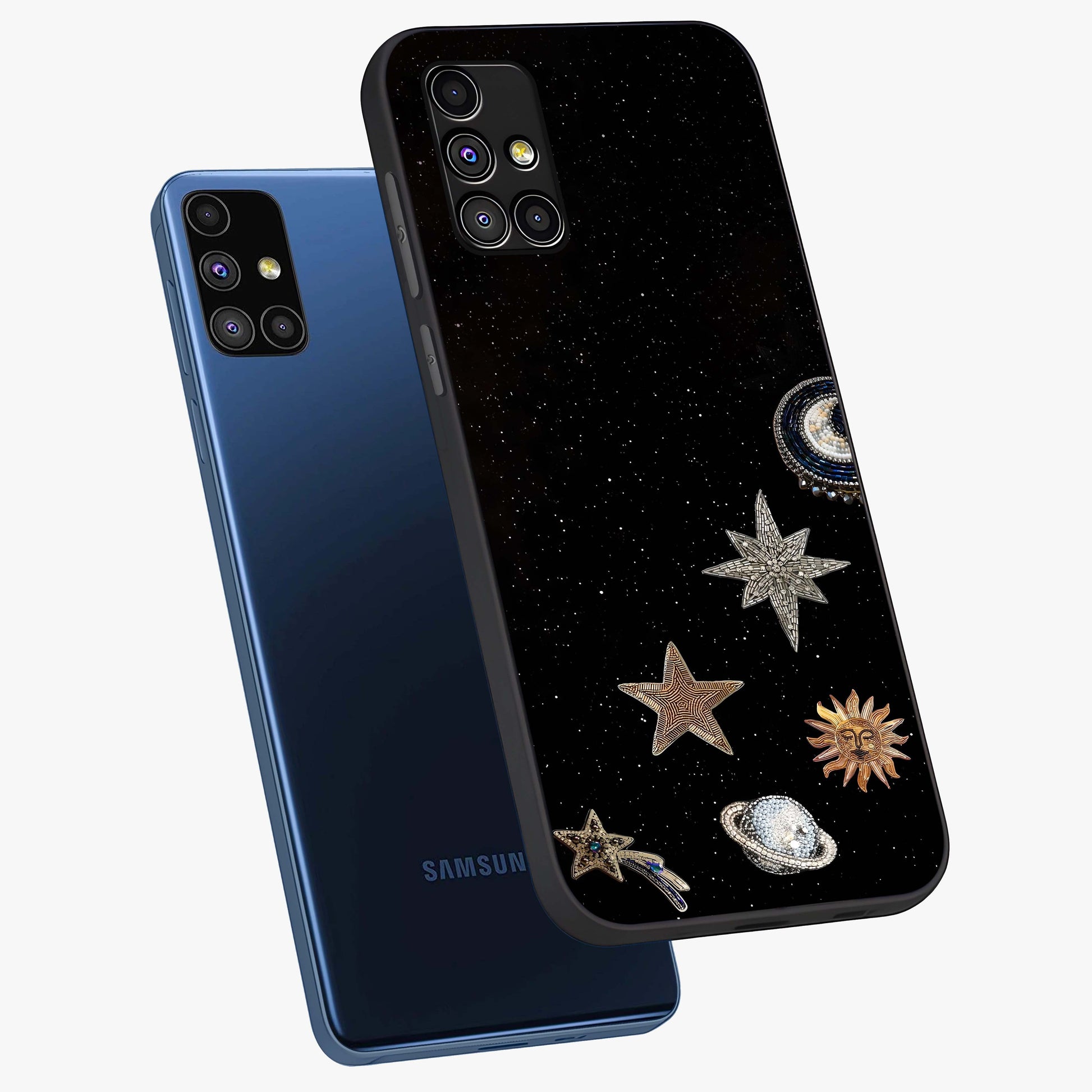 Galactic Charm Glow Glass Case displayed in angled mockup highlighting luminous galaxy inspired design with dreamy aesthetic.