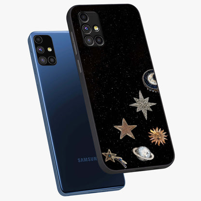 Galactic Charm Glow Glass Case displayed in angled mockup highlighting luminous galaxy inspired design with dreamy aesthetic.