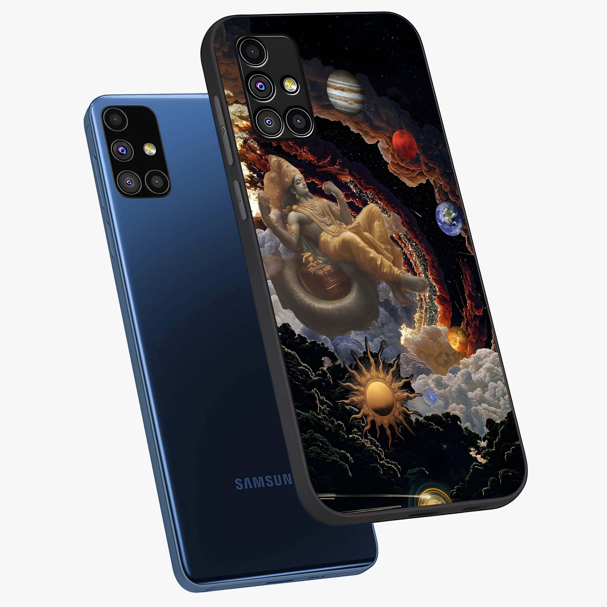 Galactic Divine God Glass Case displayed in angled mockup highlighting powerful celestial deity illustration with galactic aesthetic.