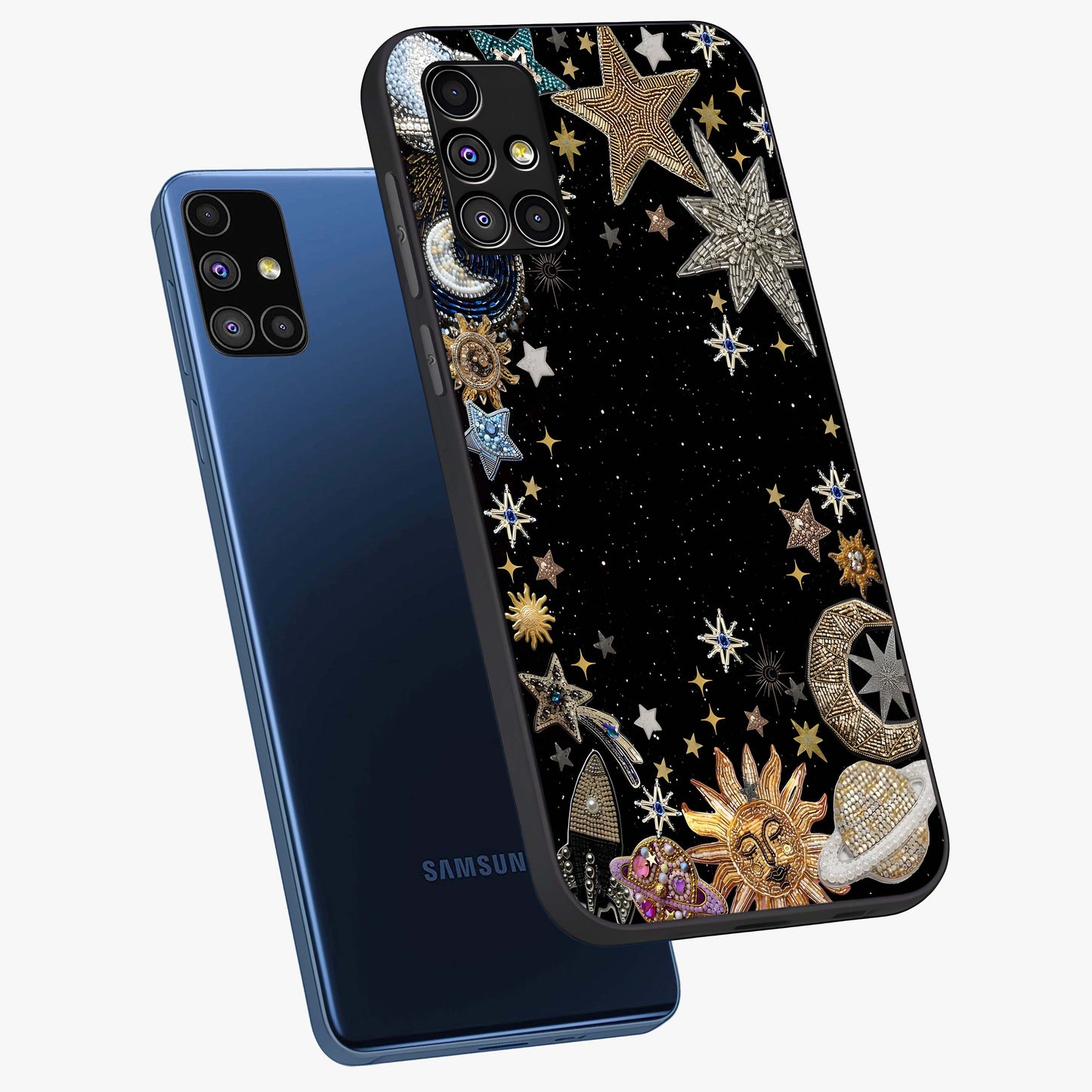 Galactic Jewel Stars Glass Case displayed in angled mockup highlighting shining celestial star design with cosmic aesthetic style.