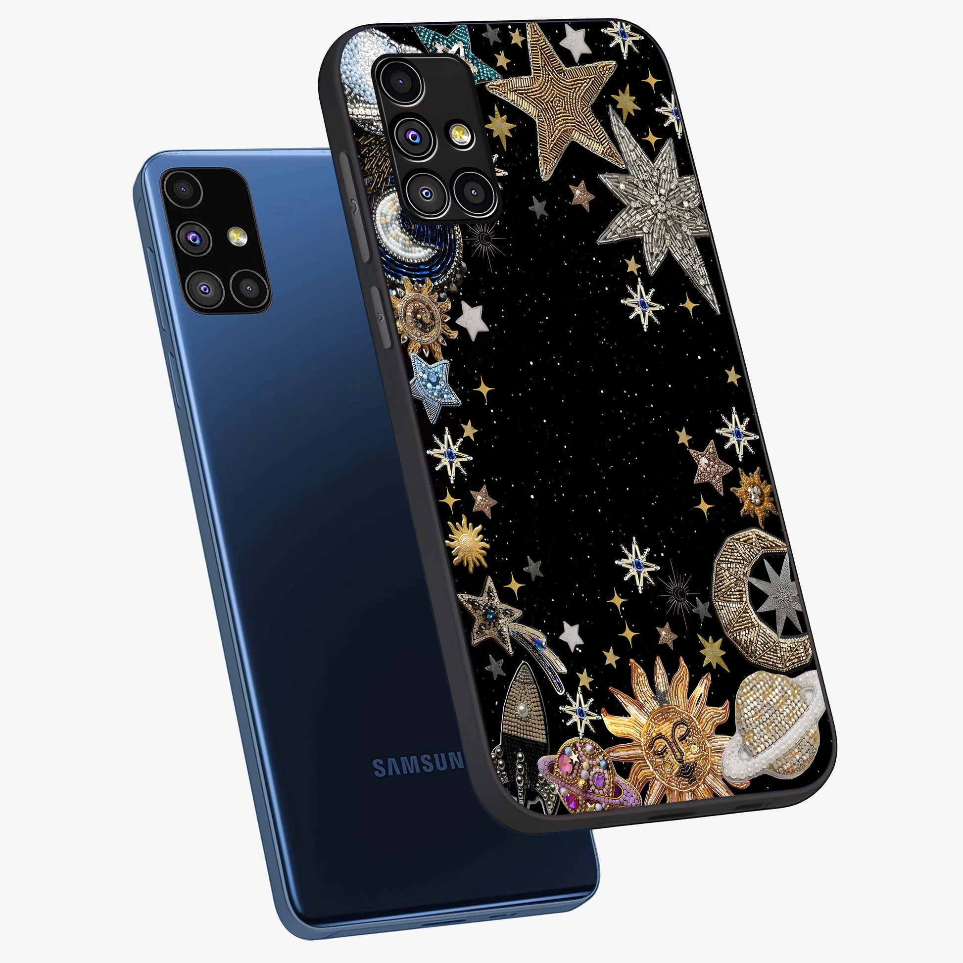 Galactic Jewel Stars Glass Case displayed in angled mockup highlighting shining celestial star design with cosmic aesthetic style.