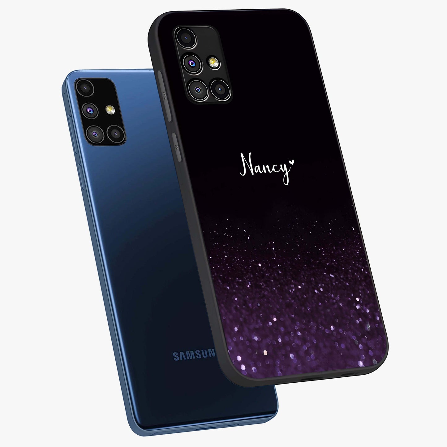 Glittery Purple Bokeh Custom Name Glass Case displayed in angled mockup highlighting glitter bokeh pattern with custom name feature.