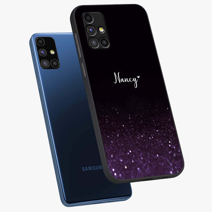 Glittery Purple Bokeh Custom Name Glass Case displayed in angled mockup highlighting glitter bokeh pattern with custom name feature.
