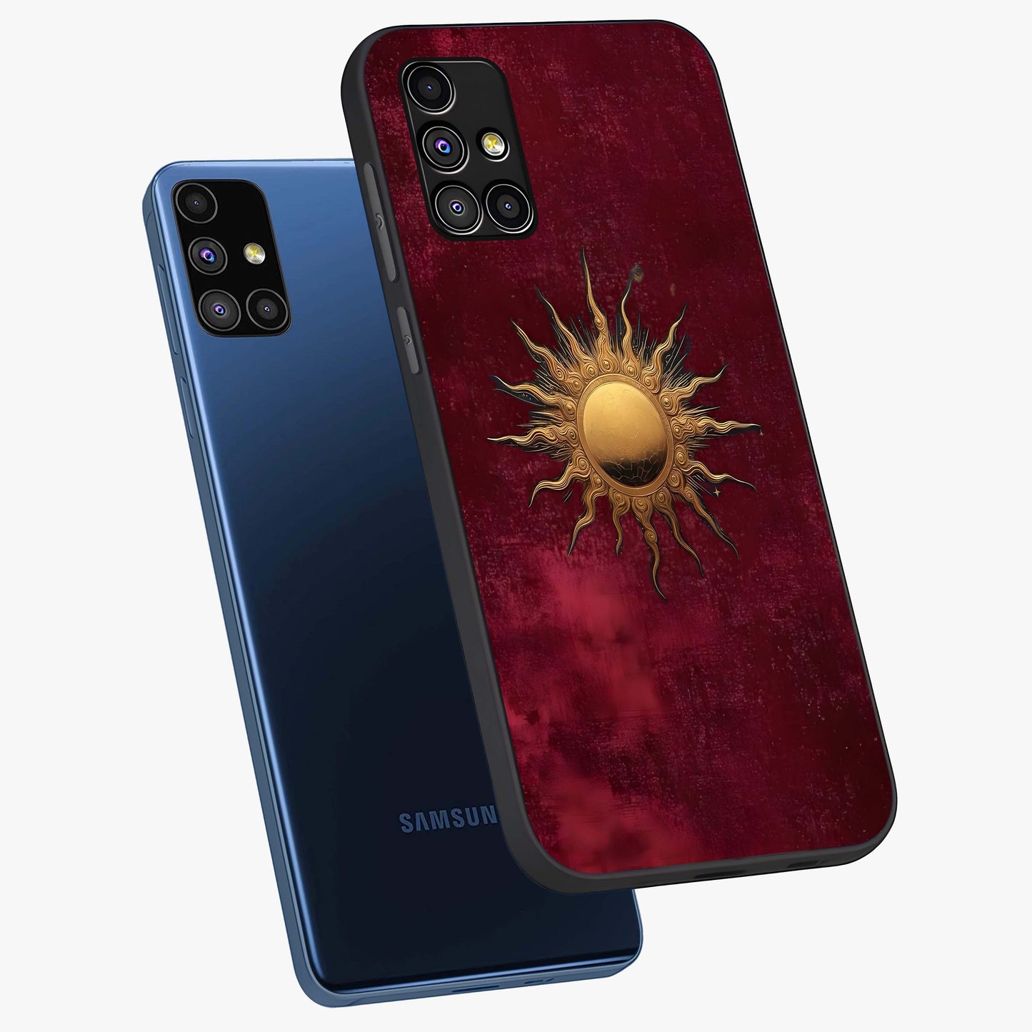 Golden Sun Minimalism Glass Case displayed in angled mockup highlighting clean sun symbol design with modern minimal aesthetic.