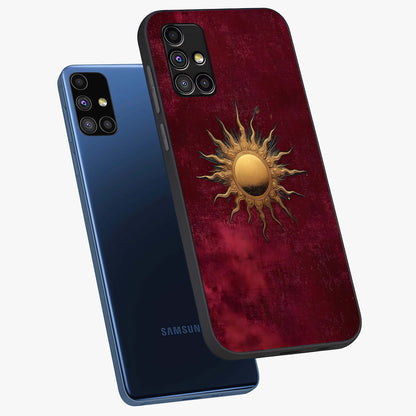 Golden Sun Minimalism Glass Case displayed in angled mockup highlighting clean sun symbol design with modern minimal aesthetic.