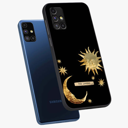Gold Sun Blush Glass Case displayed in angled mockup highlighting radiant sun design with warm golden aesthetic.