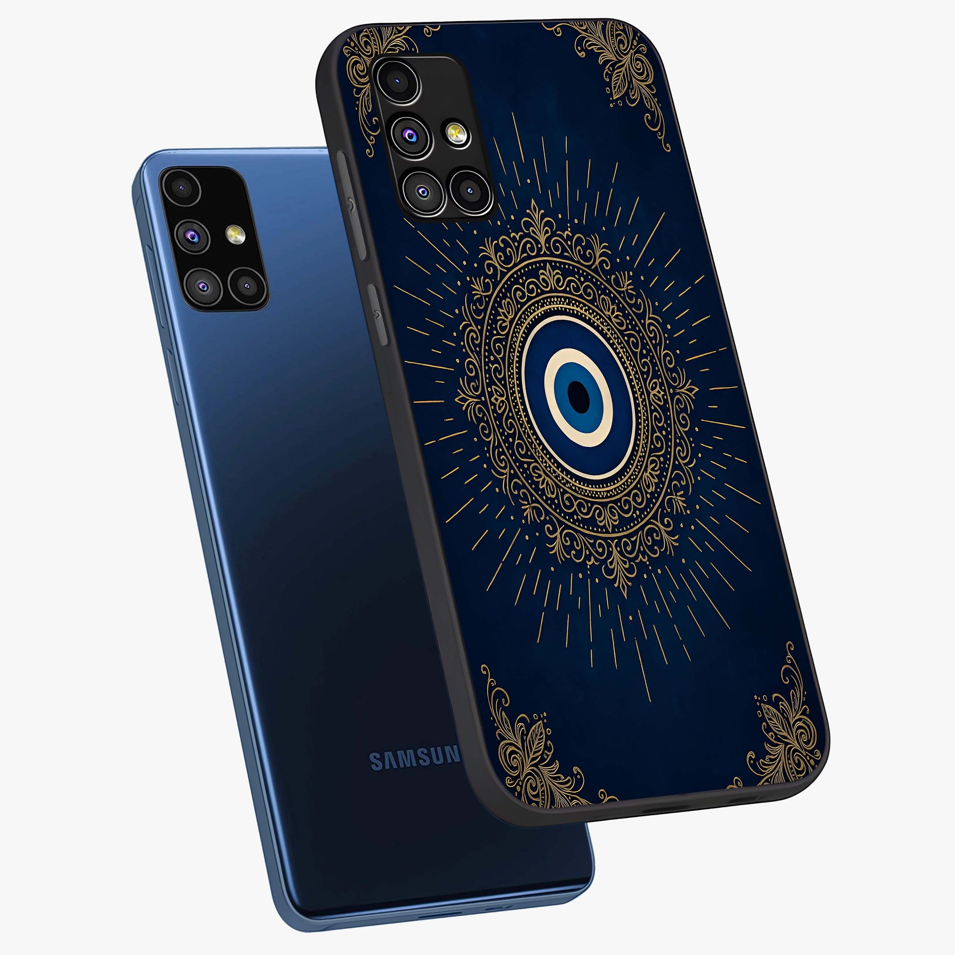 Golden Celestial Charm Glass Case displayed in angled mockup highlighting sparkling cosmic charm design with celestial aesthetic.