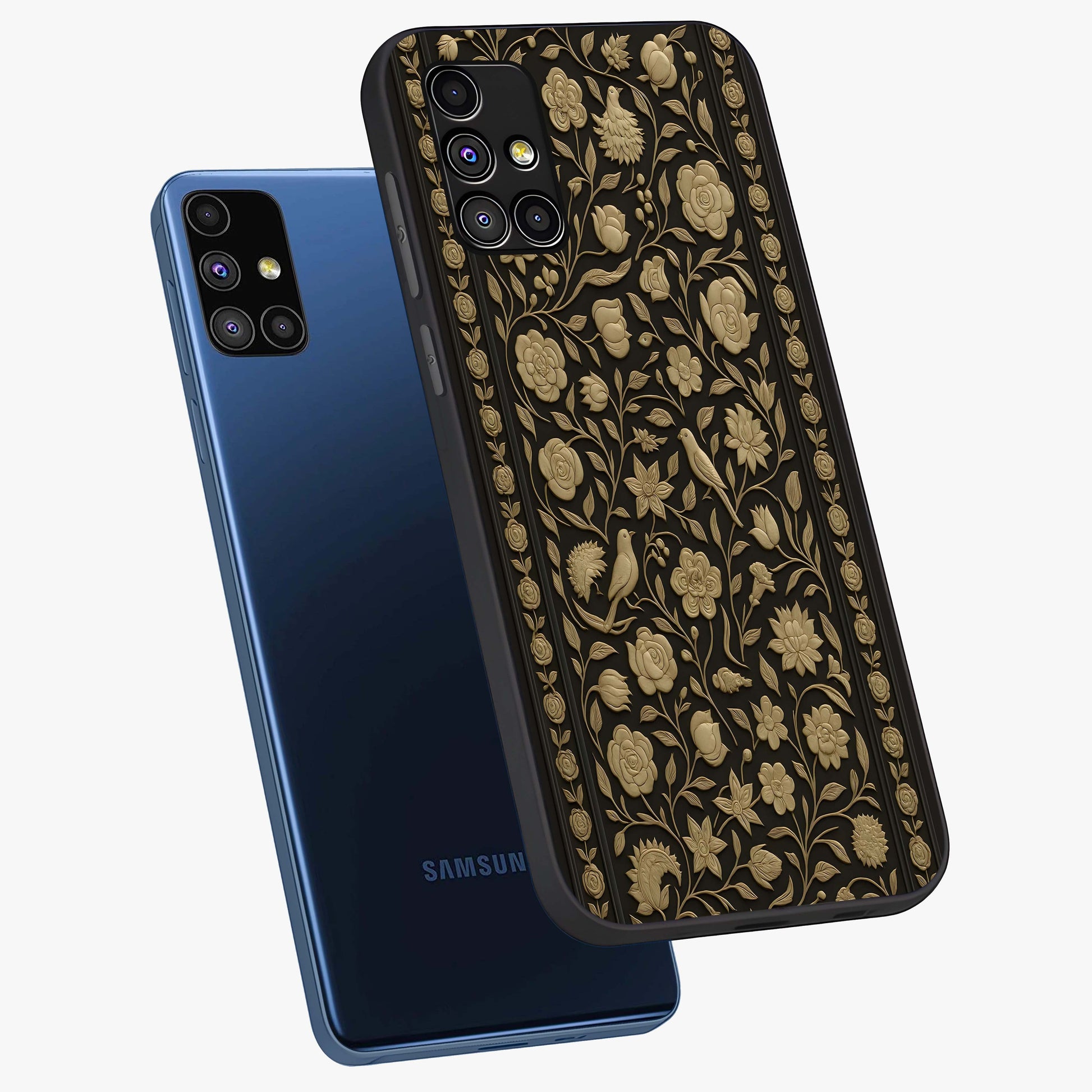 Golden Evil Eye Mandala Glass Case displayed in angled mockup highlighting protective evil eye symbol with golden mandala design.
