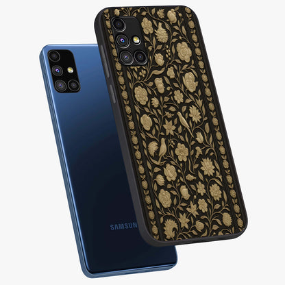 Golden Evil Eye Mandala Glass Case displayed in angled mockup highlighting protective evil eye symbol with golden mandala design.