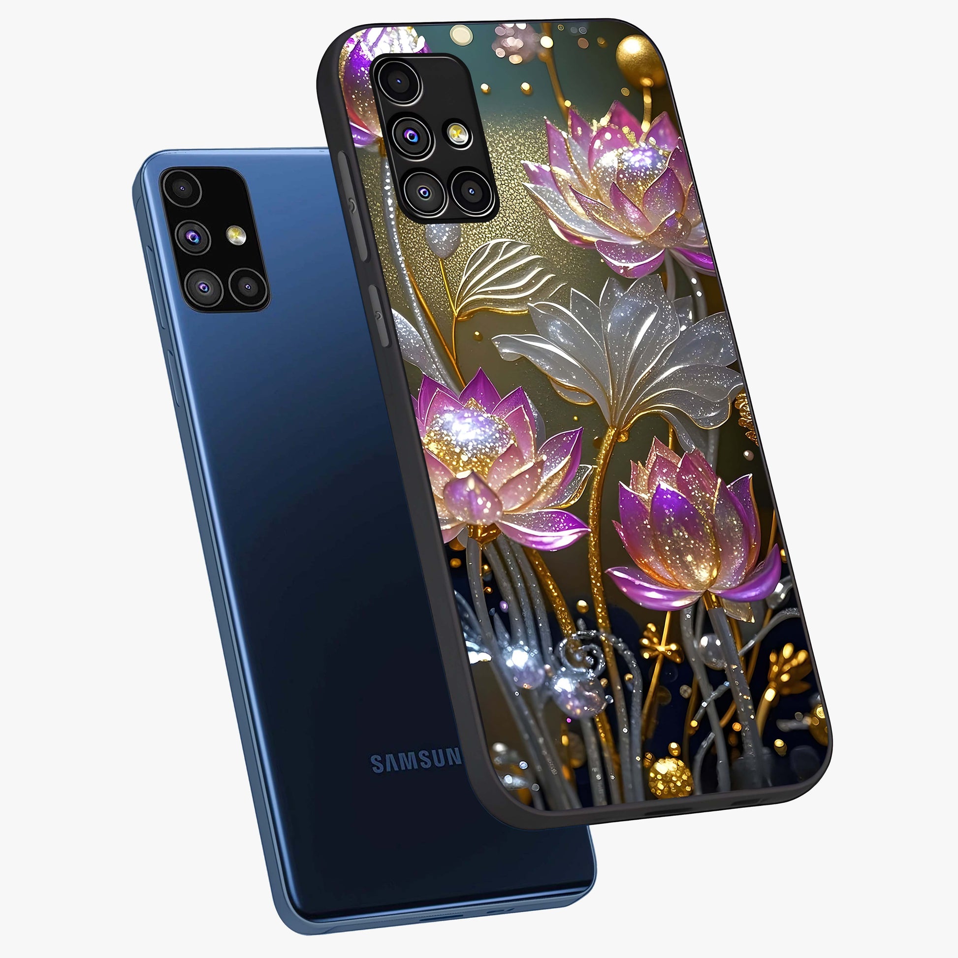 Golden Floral Majesty Glass Case displayed in angled mockup highlighting elegant flower design with royal golden aesthetic.