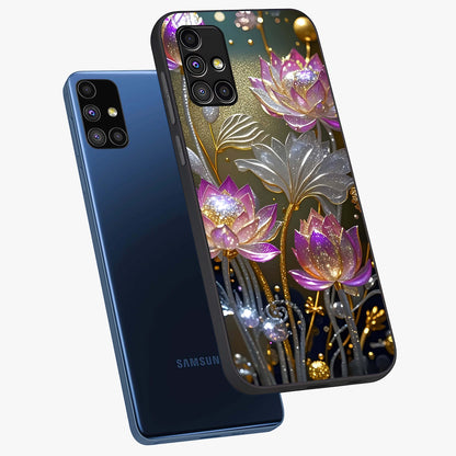 Golden Floral Majesty Glass Case displayed in angled mockup highlighting elegant flower design with royal golden aesthetic.